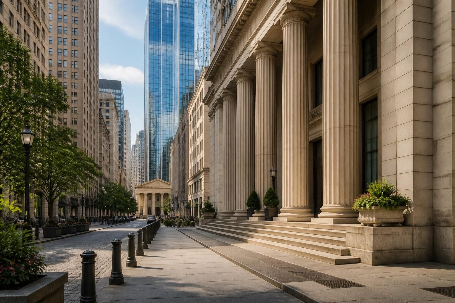 Landmark financial buildings and a refined city street in Bank.