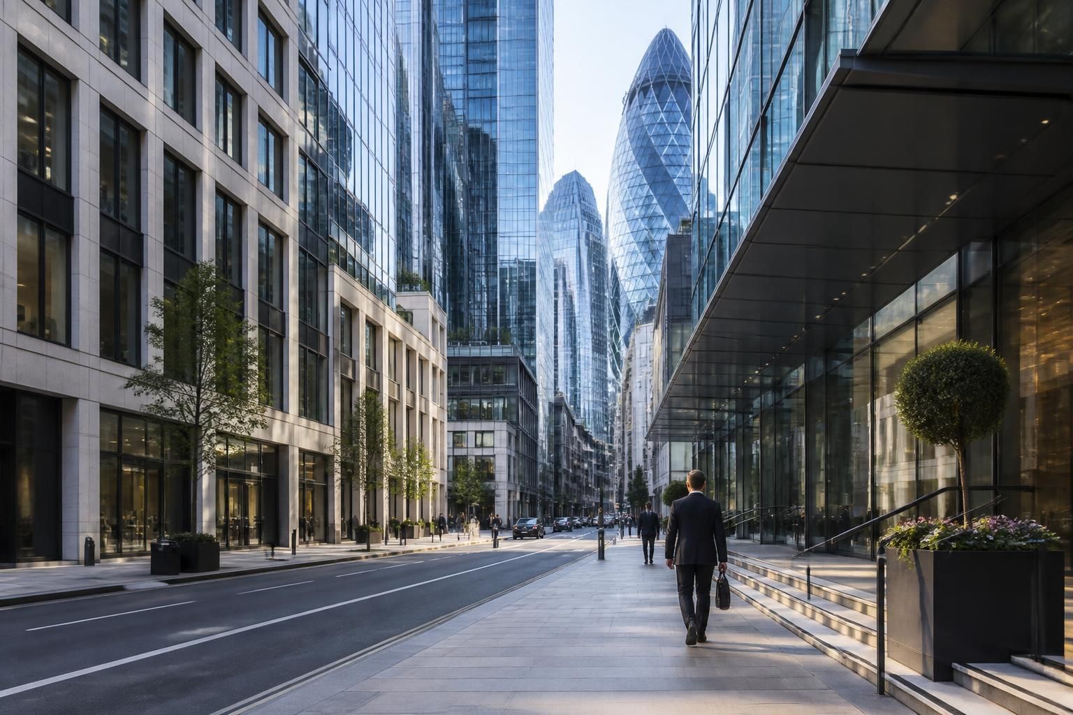 Sleek office facades and polished urban streetscape in Bishopsgate.