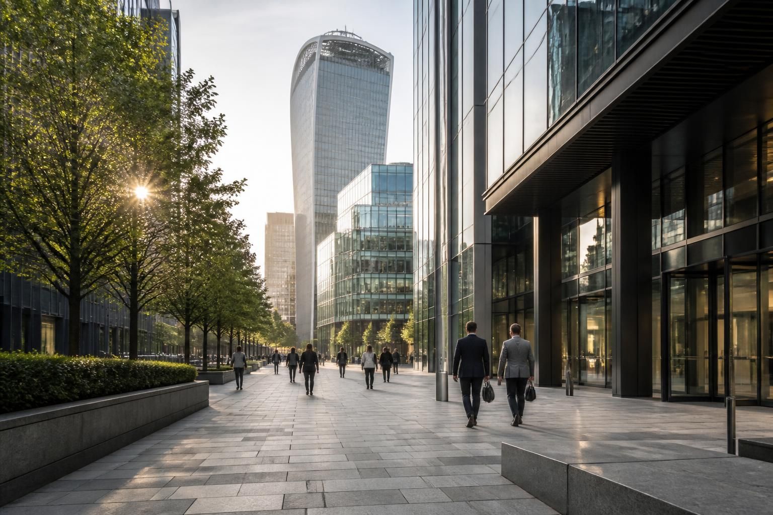 Modern office towers and clean streetscape in the City of London.