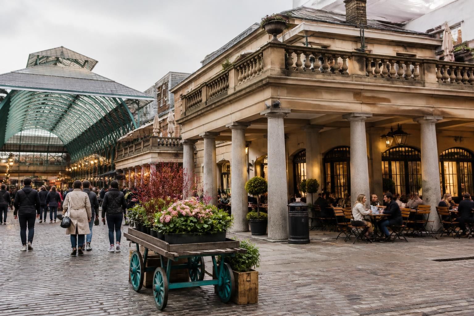 Lively market architecture and clean streetscape in Covent Garden.