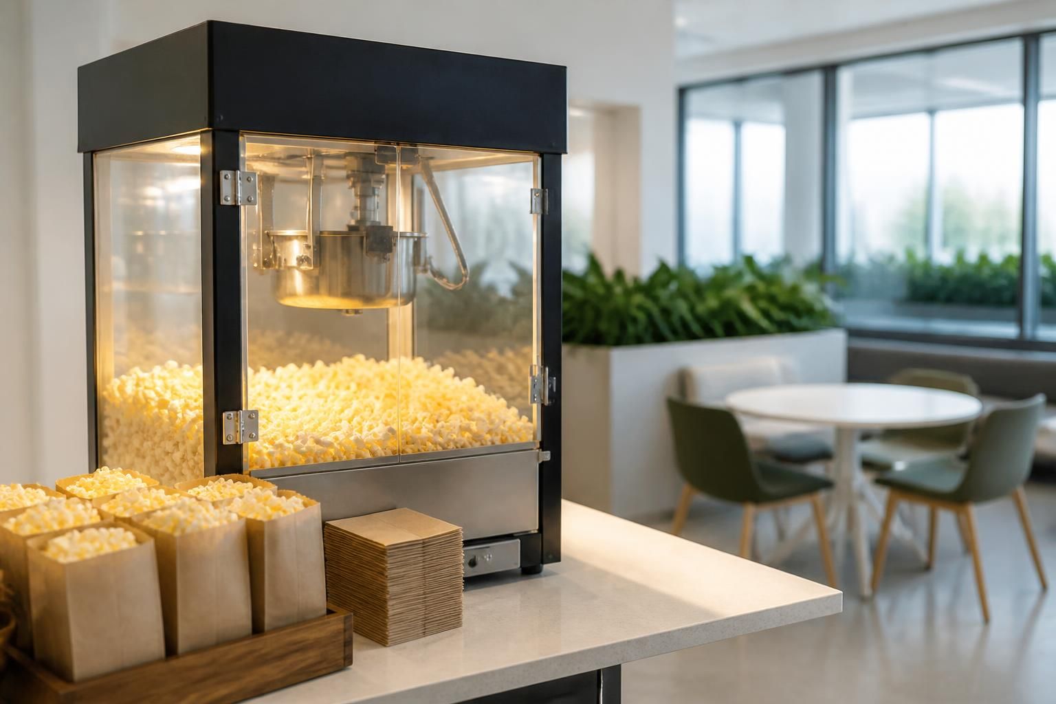 Welcoming popcorn activation in a bright workplace breakout area.