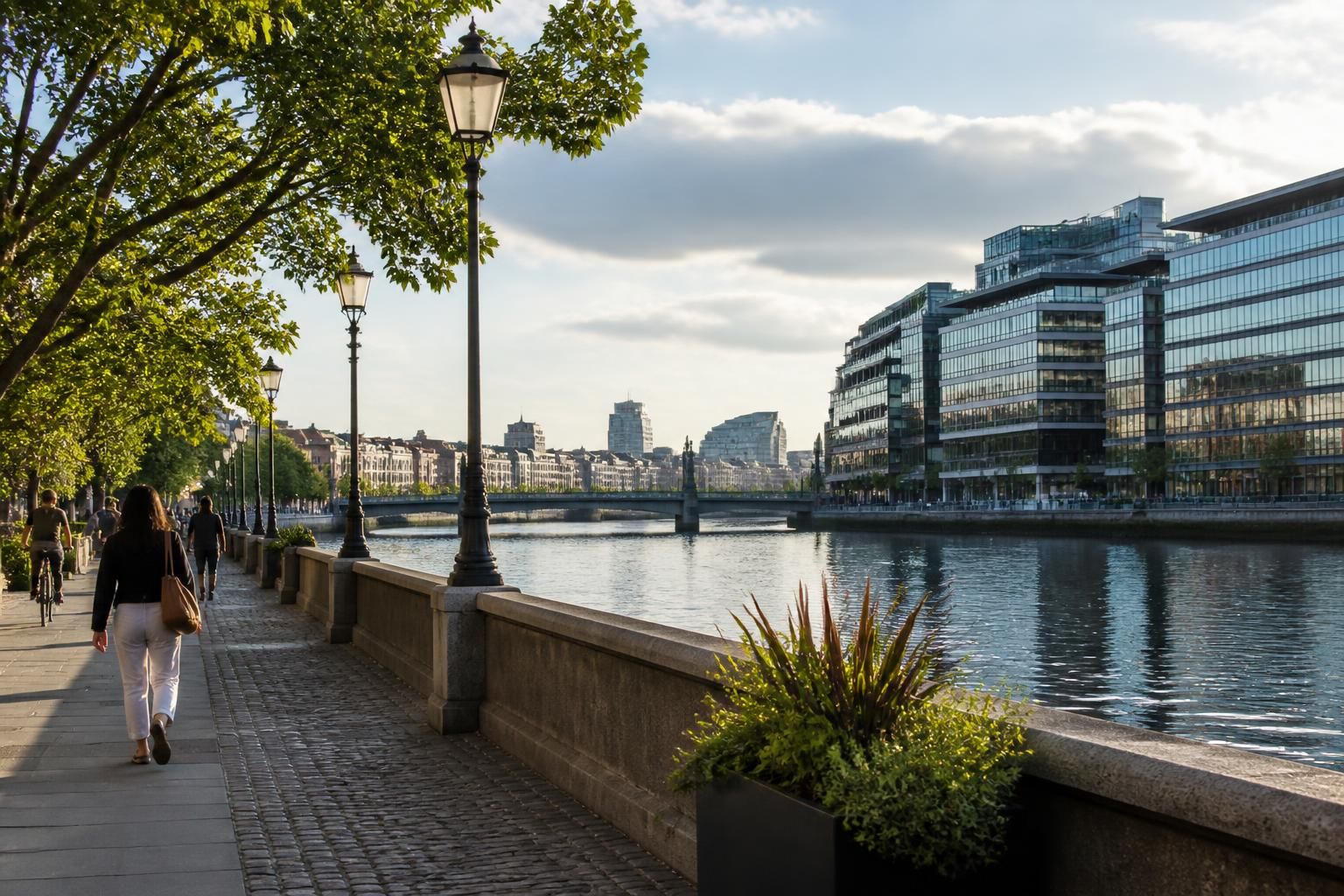 Riverside office blocks and a clean urban streetscape in Hammersmith.