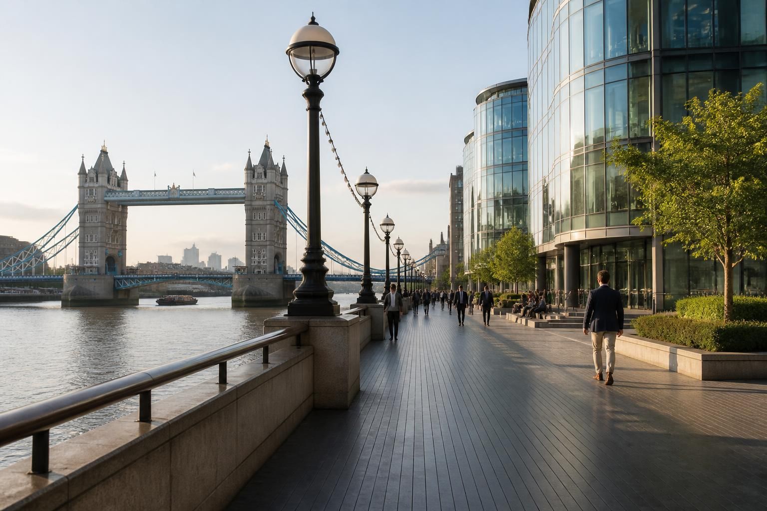 Riverside office buildings and a clean promenade near London Bridge.