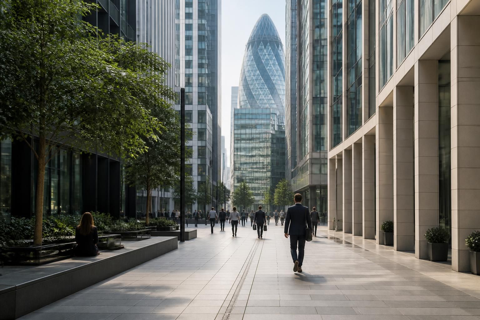 Modern financial district architecture and a calm corridor in Moorgate.