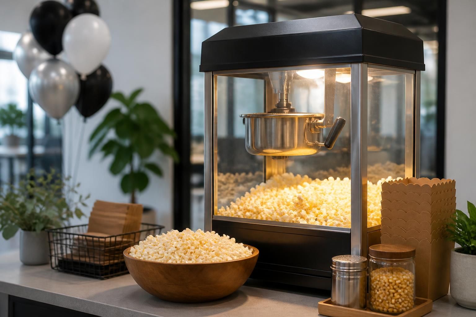 Stylish popcorn station prepared for an office celebration.