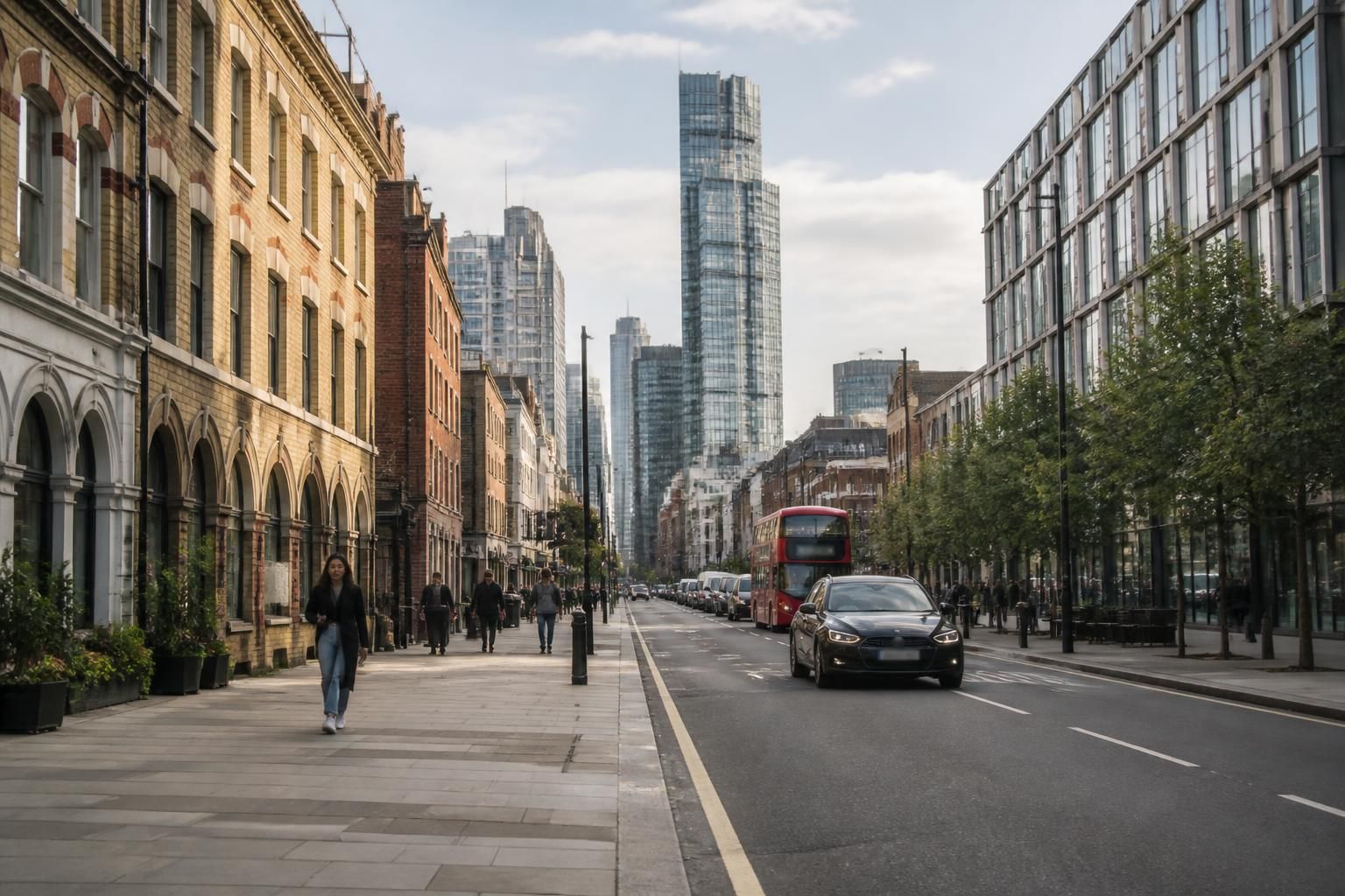 Modern city buildings and a clean streetscape in Whitechapel.